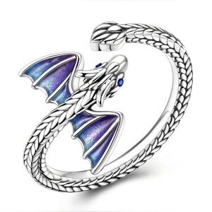 Sterling Silver Enameled Dragon Wrapped Tail Ouroboros Ring Adjustable Sizing